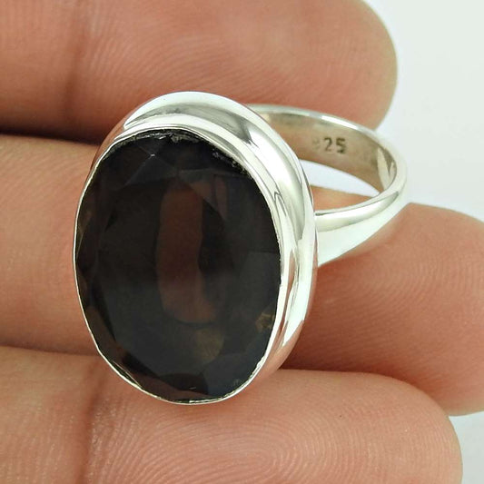 Woman Gift Statement Ring Size 6.5 925 Silver Natural Smoky Quartz A28