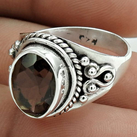 Christmas Gift Natural Smoky Quartz Solitaire Ring Size 8 925 Silver A22
