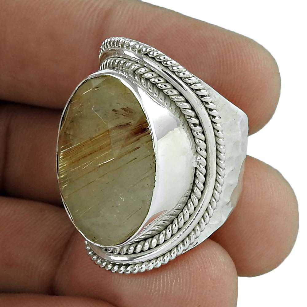 Woman Gift Natural Golden Rutile Gemstone 925 Silver Ring Size 6 D28