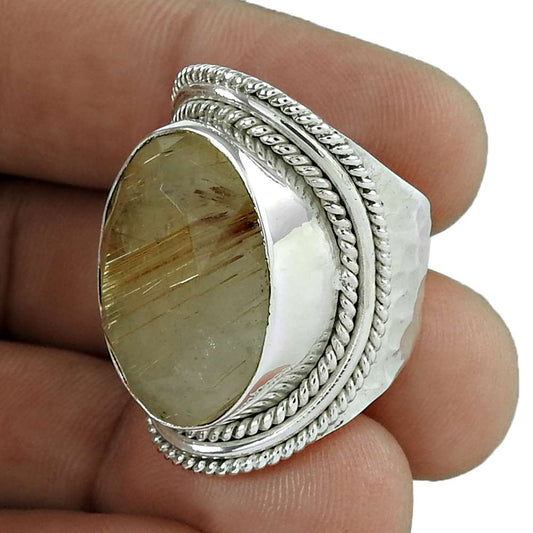 Woman Gift Natural Golden Rutile Gemstone 925 Silver Ring Size 6 D28