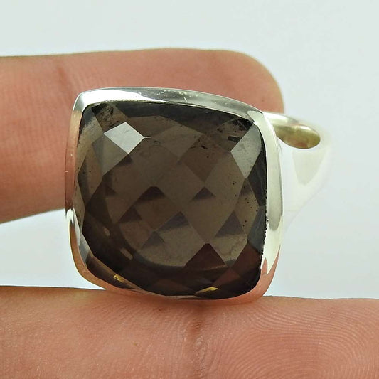 Woman Gift Natural Smoky Quartz Statement Ring Size 8 925 Silver J12
