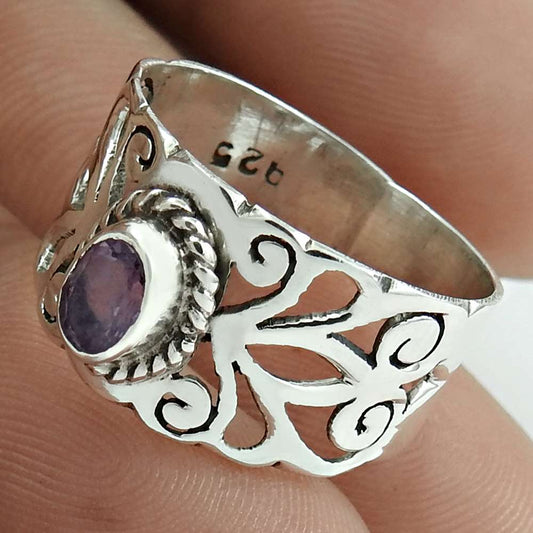 Natural Amethyst Gemstone 925 Silver Solitaire Boho Ring Size 8 For Women J6