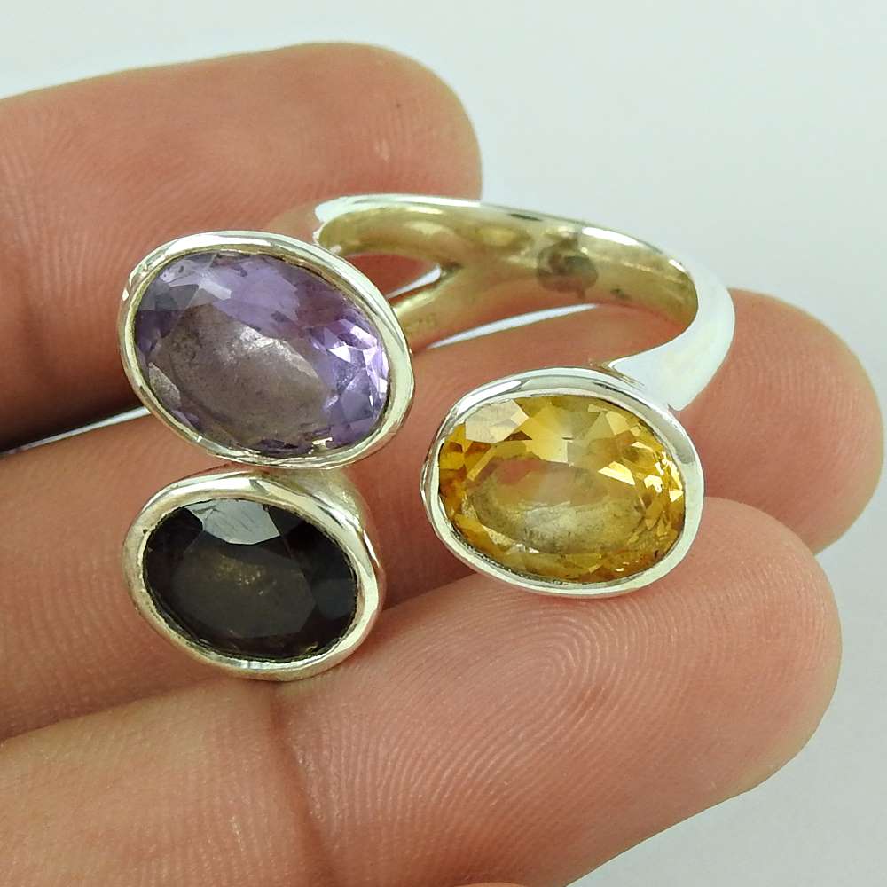 Bright Side 925 Sterling Silver Citrine Amethyst Smoky Quartz Ring Al por mayor