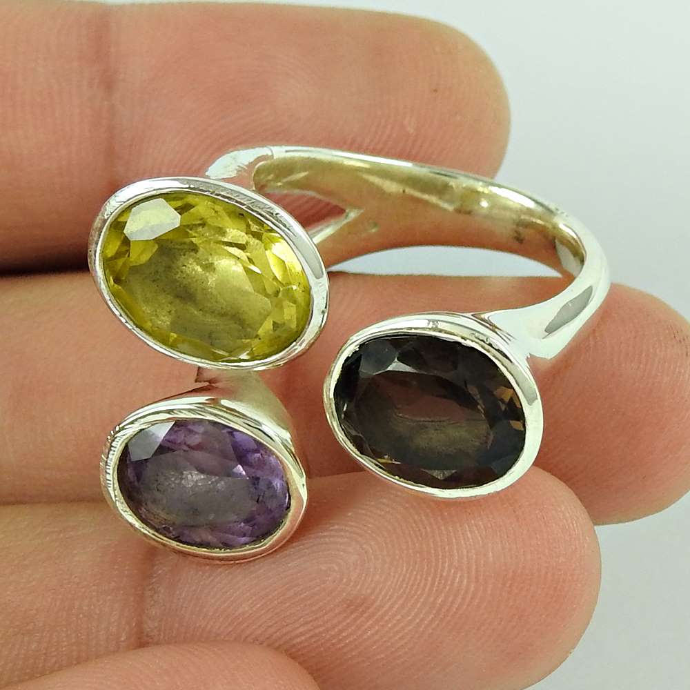 Amazing 925 Silver Amehtyst Citrine Smoky Ring