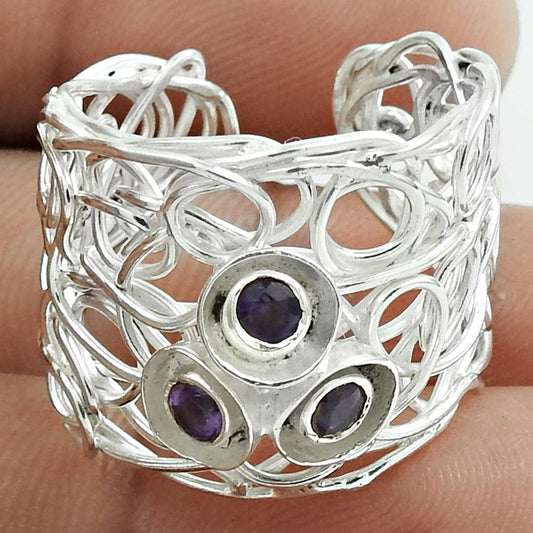 Natural Amethyst Gemstone Statement Boho Purple Ring Size 7 925 Silver E14