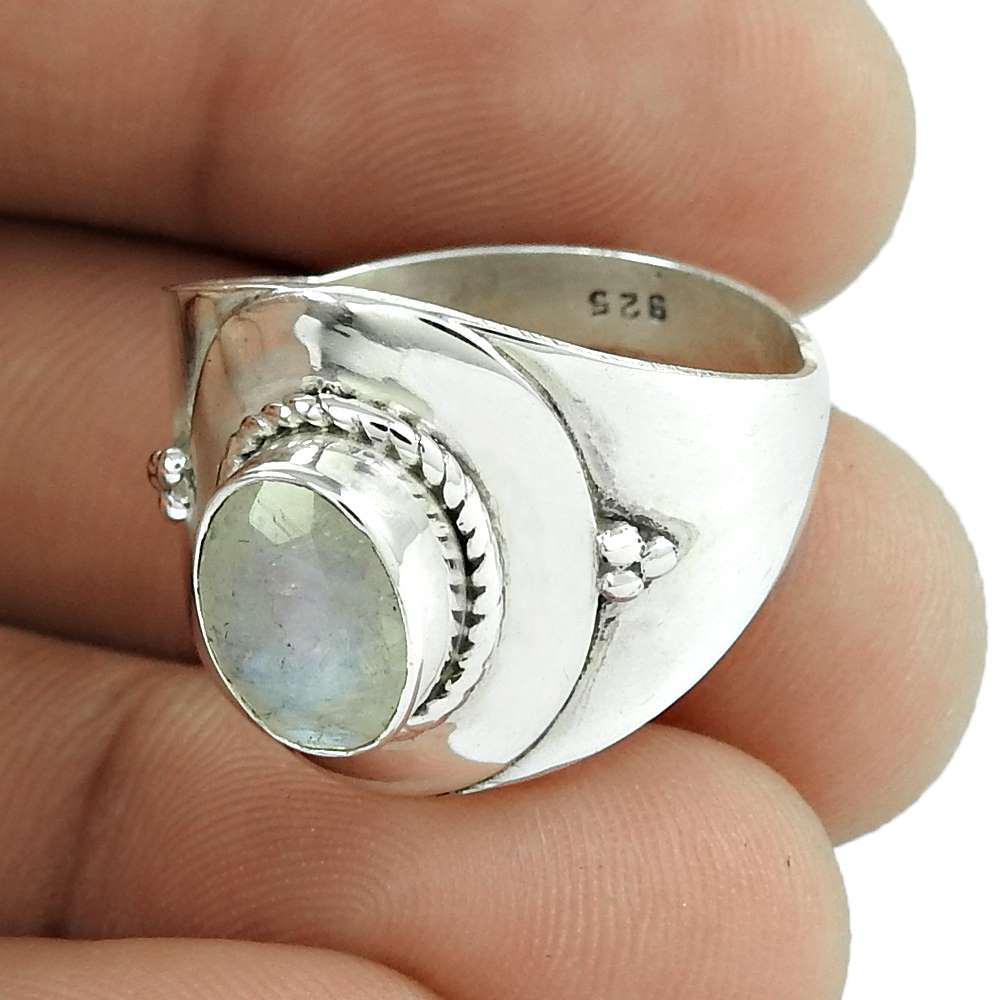 Woman Gift 925 Silver Natural Rainbow Moonstone Statement Ring Size 9 K25