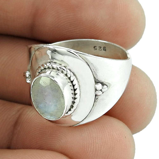 Woman Gift 925 Silver Natural Rainbow Moonstone Statement Ring Size 9 K25