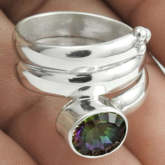 Christmas Gift 925 Silver Natural Mystic Topaz Gemstone Ring Size 8 F14