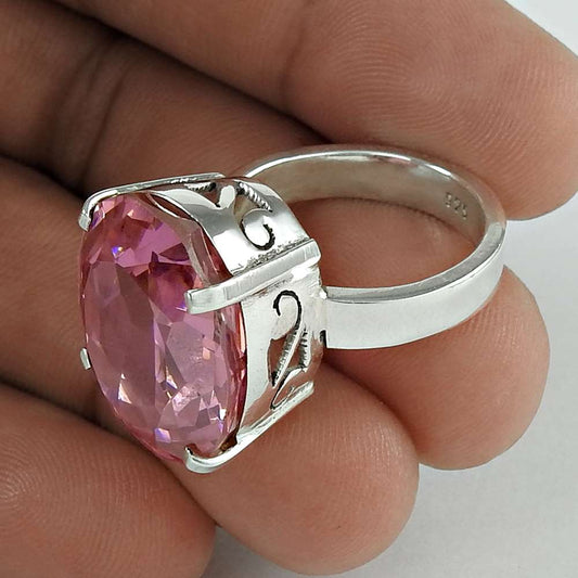 Natural Cubic Zirconia Solitaire Tribal Pink Ring Size 7.5 925 Silver B10