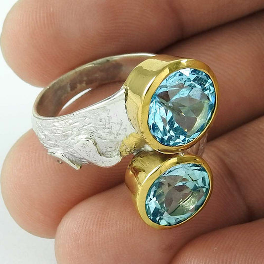 Woman Gift 925 Silver Natural Topaz Cocktail Gold Plated Ring Size 8 W12