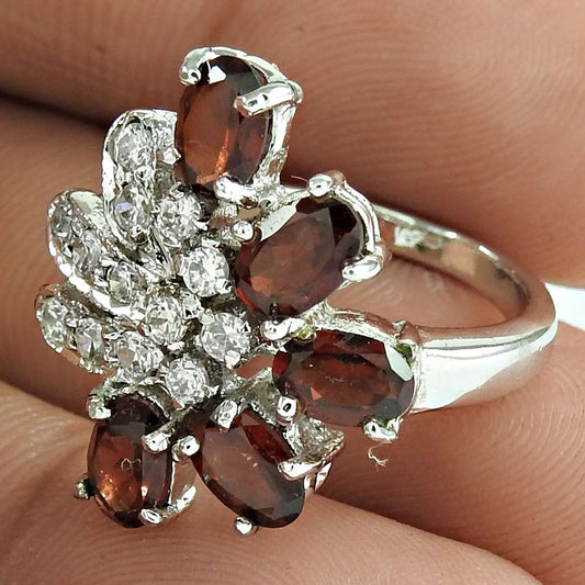 Natural Garnet Gemstone Solitaire Boho Ring Size 6 925 Silver For Women G7