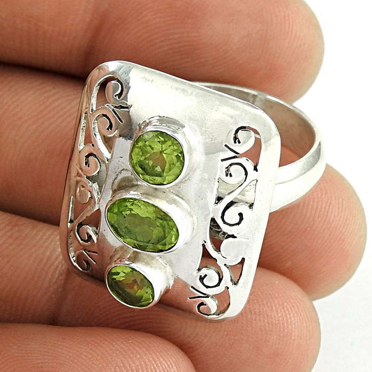 Natural Peridot Gemstone 925 Sterling Silver Statement Ring Size 9 For Girls E26