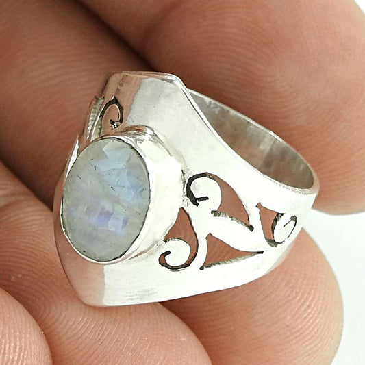925 Silver Woman Gift Rainbow Moonstone Solitaire Tribal Ring Size 6 P50