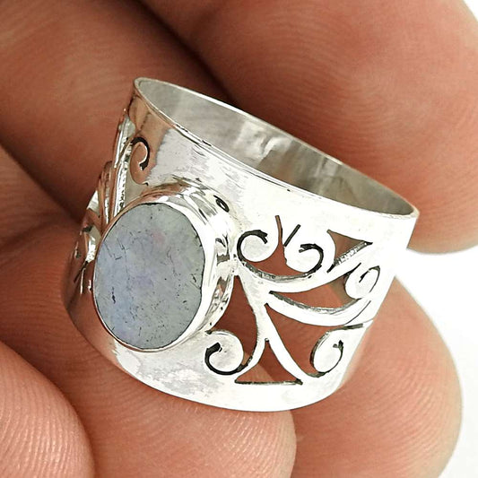 Woman Gift Rainbow Moonstone 925 Silver Statement Boho Ring Size 7.5 Q2