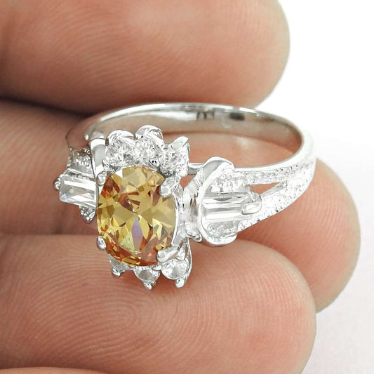 Tropical Glow Citrine White CZ Gemstone 925 Sterling Silver Ring
