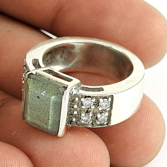 Woman Gift 925 Sterling Silver Natural Labradorite Statement Ring Size 6 G30