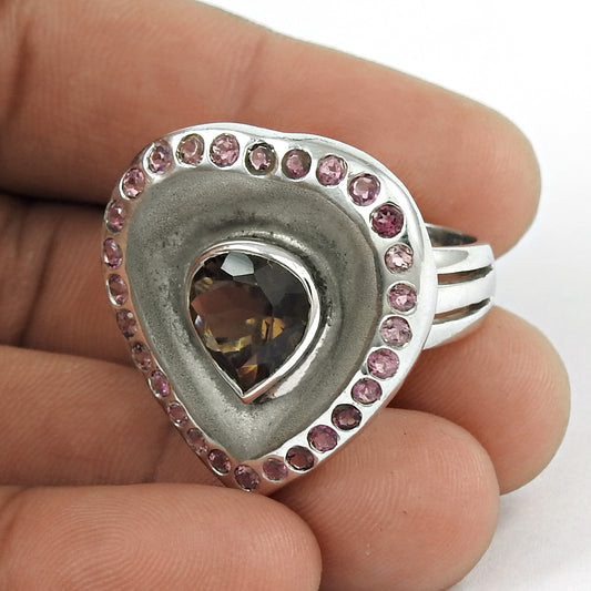 Heart Shape Smoky Quartz, Pink CZ Gemstone Silver Ring Jewellery