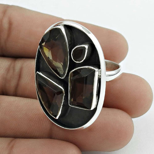 Natural Smoky Quartz Gemstone 925 Silver Cocktail Ring Size 8 Christmas Gift D41