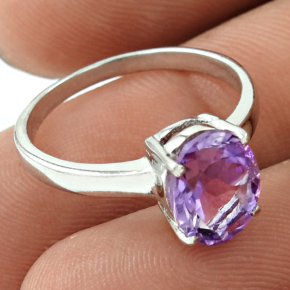 Graceful Rhodium Plated 925 Sterling Silver Amethyst Gemstone Ring Size 6 Handmade Jewelry J1