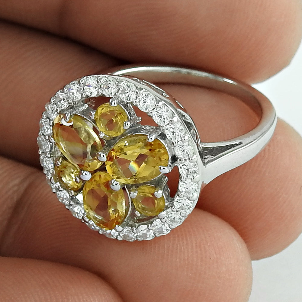 Authentic Collection Of Rhodium Plated Jewelry 925 Sterling Silver Citrine Gemstone & CZ Ring