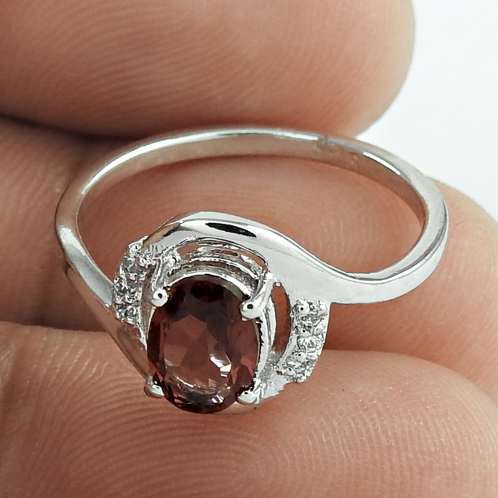 Oval Shape Citrine Gemstone & CZ 925 Sterling Silver Rhodium Plated Promise Ring