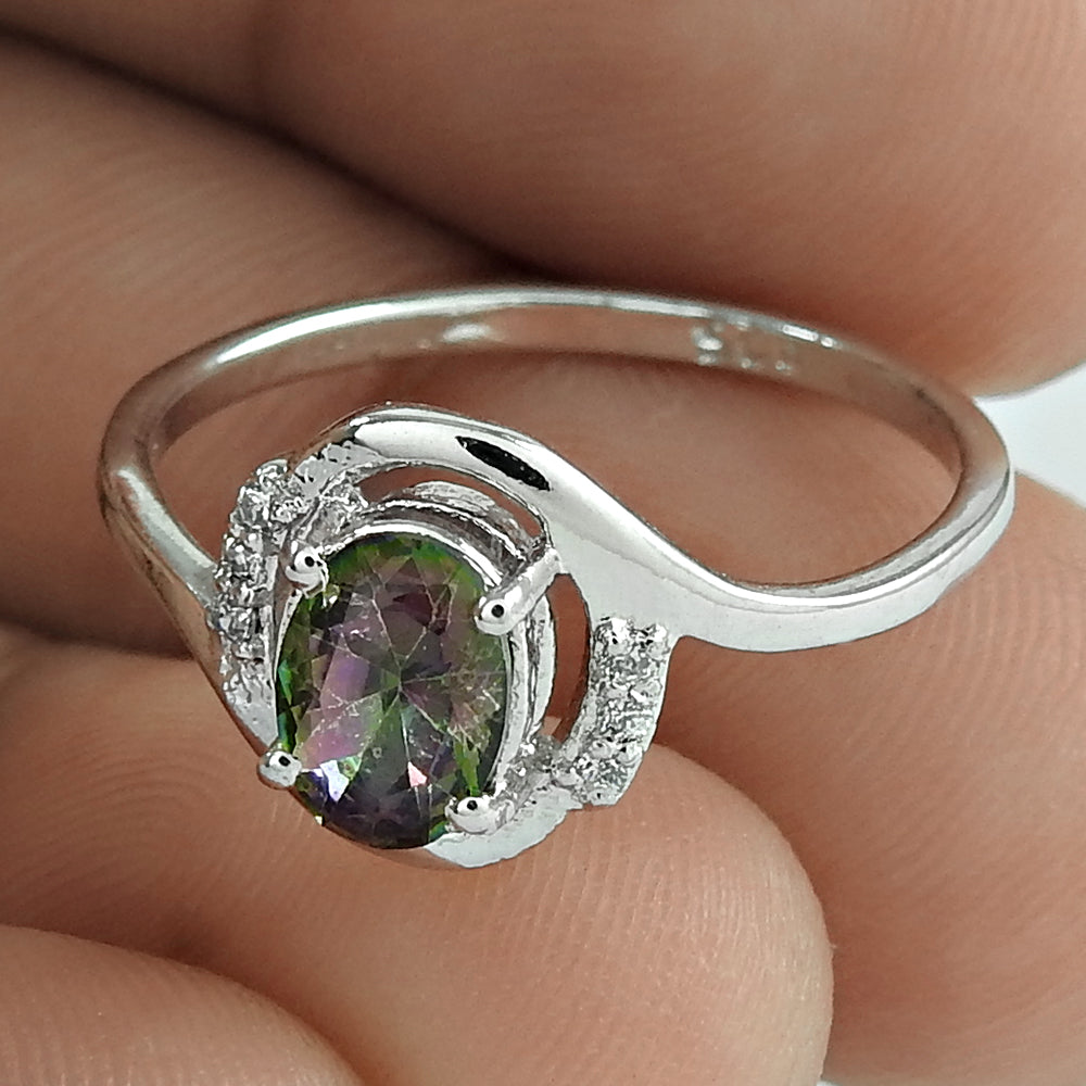 Oval Shape Citrine Gemstone & CZ 925 Sterling Silver Rhodium Plated Promise Ring