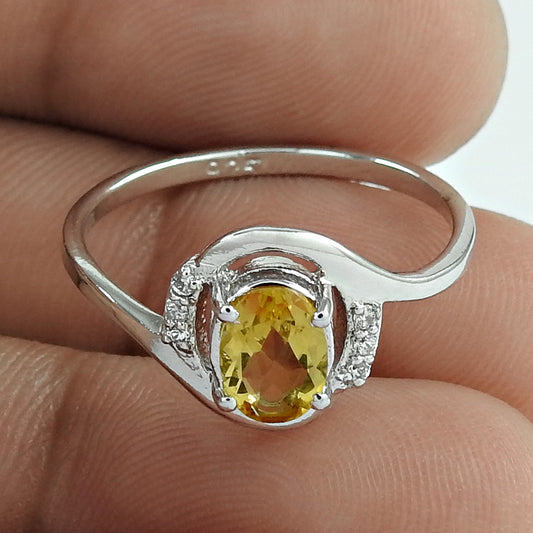 Oval Shape Citrine Gemstone & CZ 925 Sterling Silver Rhodium Plated Promise Ring