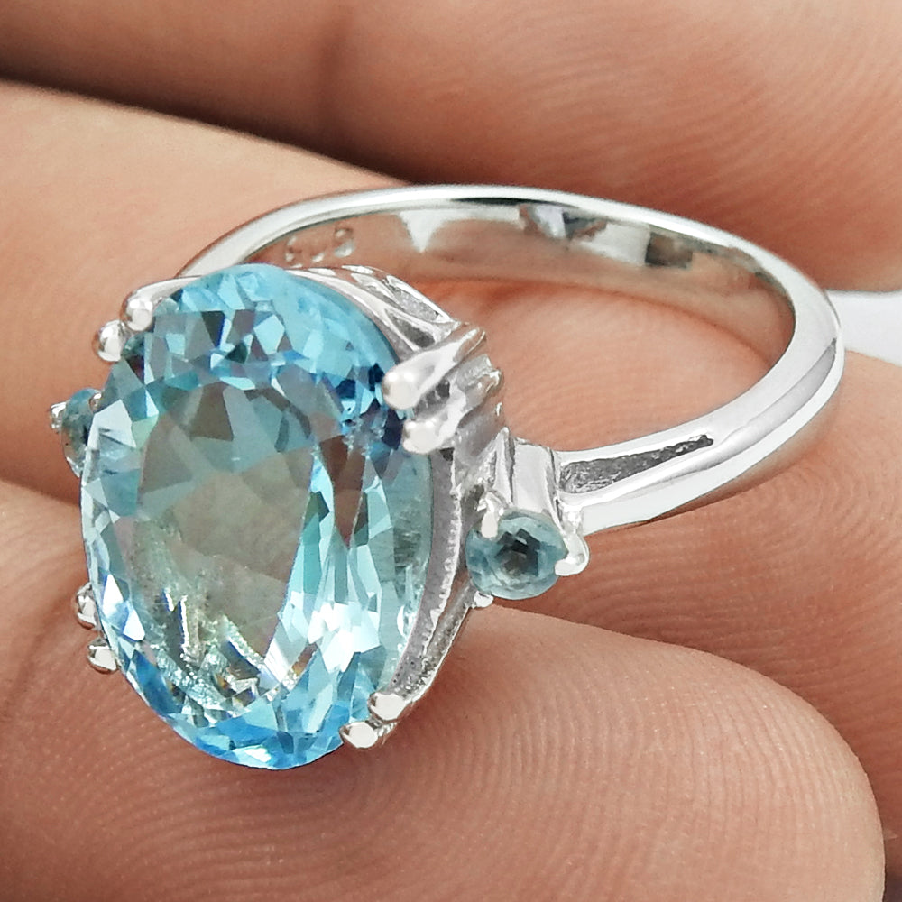 Possessing Good Fortune Rhodium Plated 925 Sterling Silver Blue Topaz Gemstone Ring Size 6 Handmade Jewelry J9