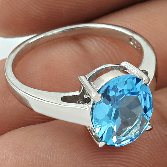 Daily Wear Rhodium Plated 925 Sterling Silver Blue Topaz Gemstone Ring Size 6.5 Traditional Jewelry K33