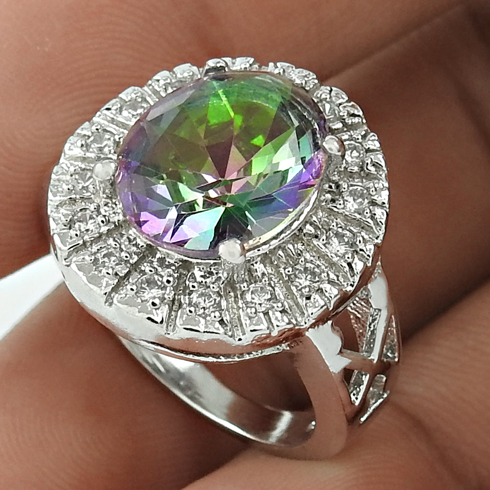 Lustrous Rhodium Plated 925 Sterling Silver Citrine, White C.Z Gemstone Ring Size 6.5 Handmade Jewelry K47