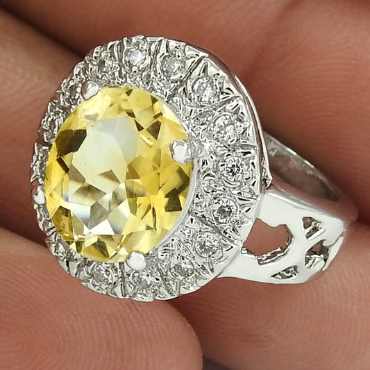 Lustrous Rhodium Plated 925 Sterling Silver Citrine, White C.Z Gemstone Ring Size 6.5 Handmade Jewelry K47