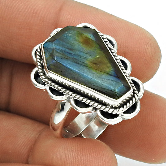 Natural LABRADORITE Gemstone HANDMADE Jewelry 925 Sterling Silver Ring Size 9 FE2