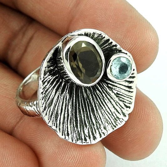 Natural Smoky Quartz 925 Silver Cocktail Boho Woman Gift Ring Size 8.5 J14
