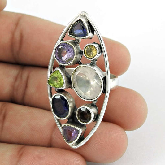 Natural Rose Quartz Cocktail Boho Woman Gift Ring Size 7.5 925 Silver L14