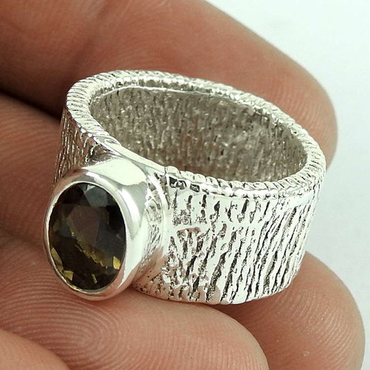 Natural Smoky Quartz Gemstone Solitaire Boho Brown Ring Size 7 925 Silver S14