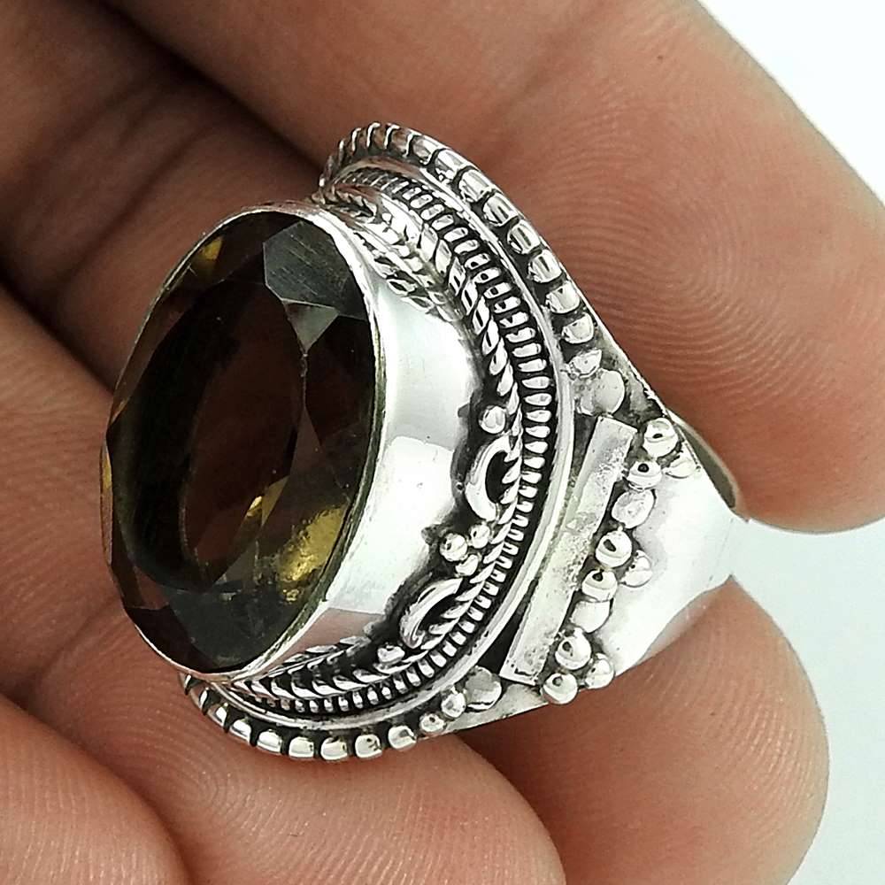 Woman Gift 925 Silver Natural Smoky Quartz Solitaire Ring Size 8.5 I12