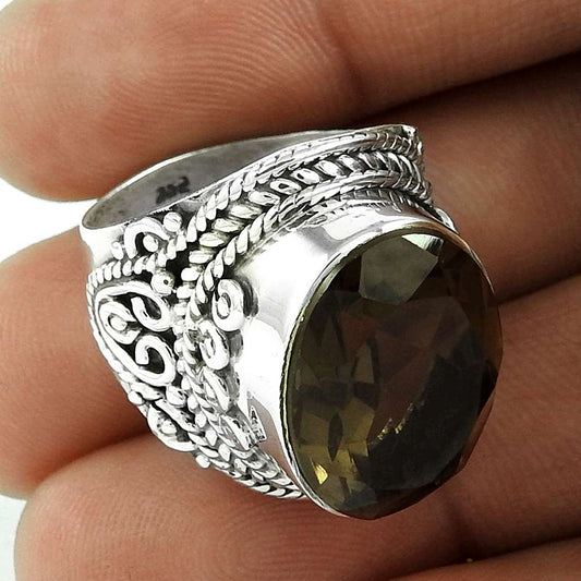 Natural Smoky Quartz 925 Silver Cocktail Tribal Ring Size 7.5 For Girls K12