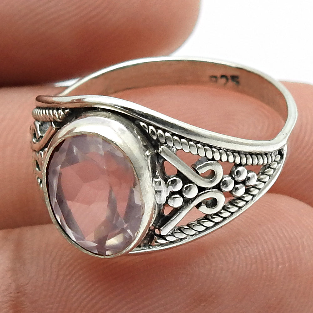 Faceted Rose Quartz Gemstone Jewelry 925 Fine Sterling Silver Ring Size 7 H55