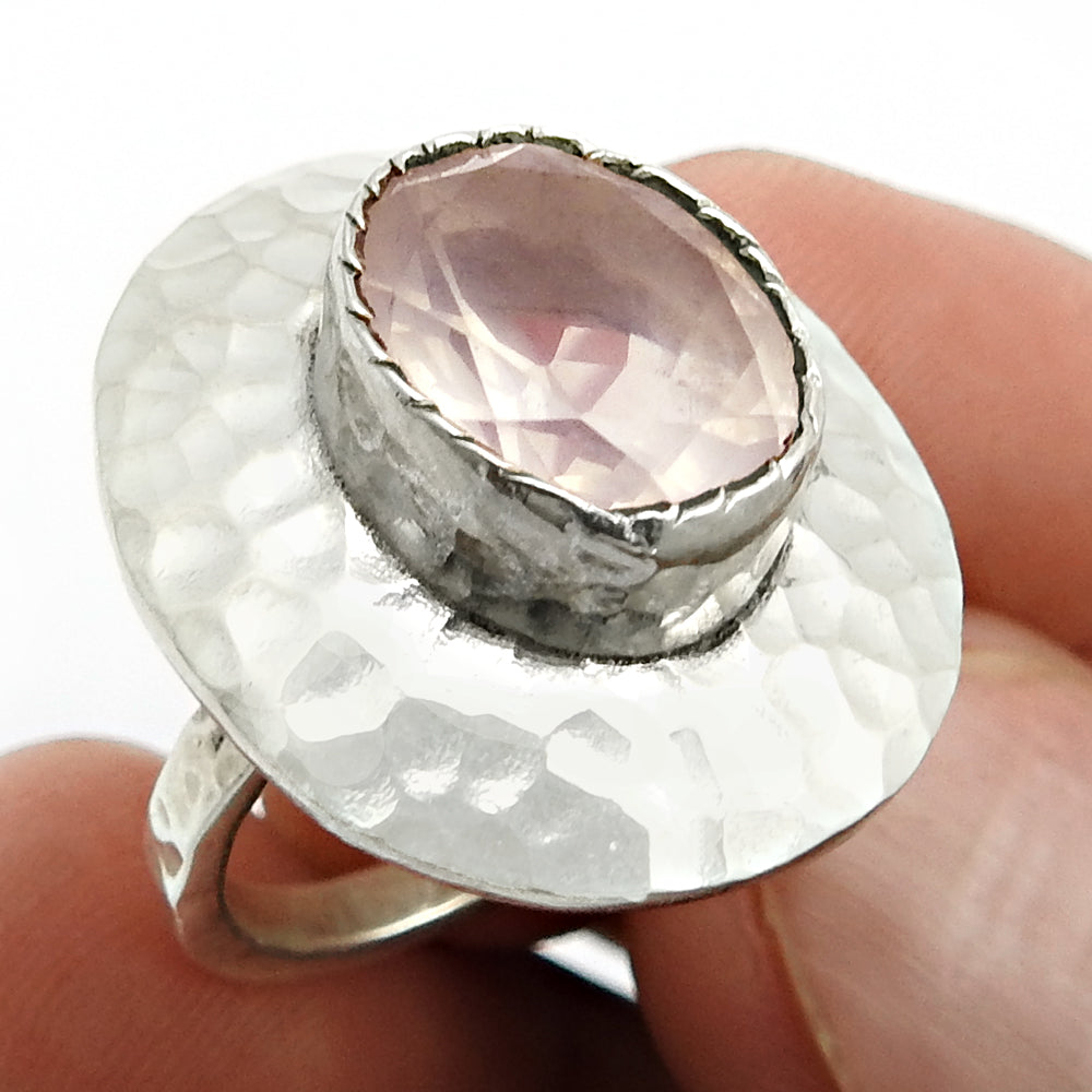 Faceted Rose Quartz Gemstone Ring Size 6 925 Sterling Silver Jewelry K55