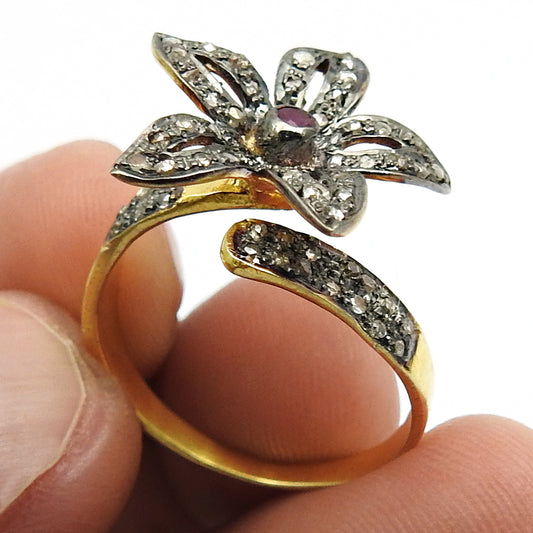 Engagement Ring 925 Sterling Silver Diamond Ruby Gemstone Flower Ring Gold Plated Jewelry