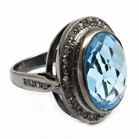 Black Rhodium Plated 925 Sterling Silver Diamond Blue Topaz Ring Gift Jewelry