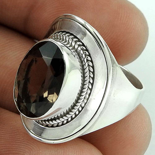 Natural Smoky Quartz Gemstone Statement Boho Ring Size 6 925 Silver K32