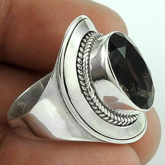 Natural Smoky Quartz Gemstone 925 Silver Cocktail Boho Ring Size 6 For Women L32
