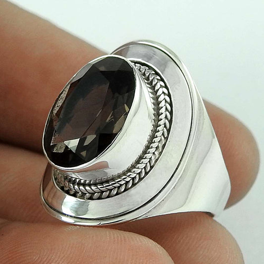 Natural Smoky Quartz Gemstone Solitaire Boho Ring Size 8 925 Silver For Women F2