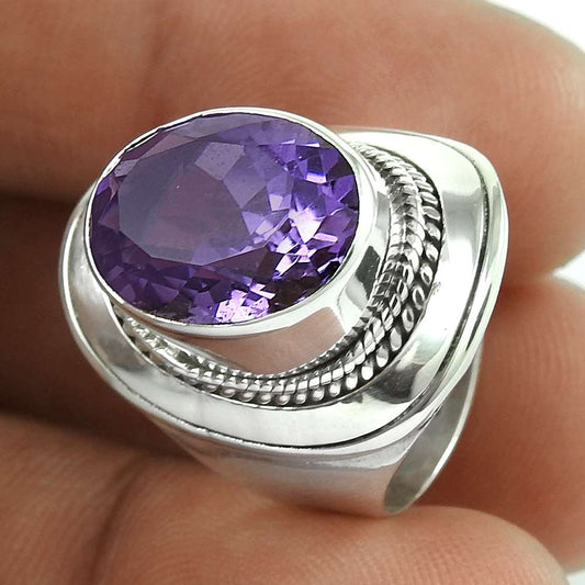 Natural Amethyst Gemstone 925 Silver Solitaire Bohemian Ring Size 8 For Women E2