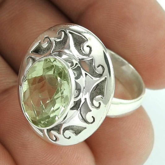 Woman Gift Natural Green Amethyst Solitaire Ring Size 7.5 925 Silver D33