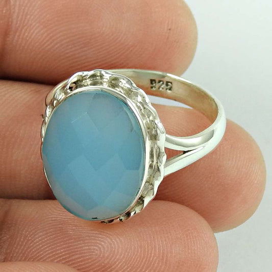 Woman Gift Statement Vintage Ring Size 9.5 925 Silver Natural Chalcedony J60