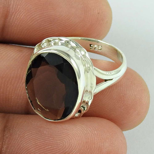 Woman Gift 925 Silver Natural Smoky Quartz Solitaire Ring Size 6.5 K60
