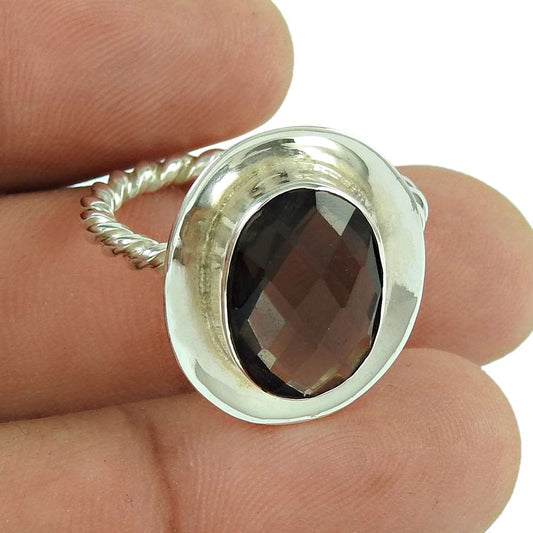 Woman Gift 925 Silver Natural Smoky Quartz Statement Ethnic Ring Size 8 B61