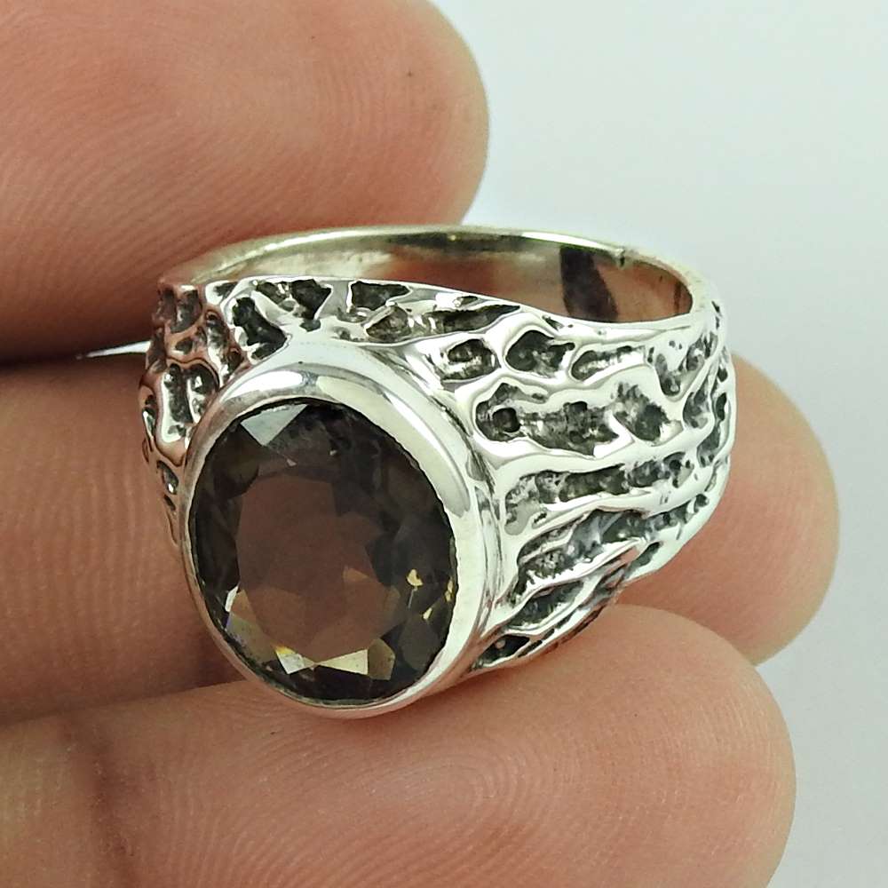 Natural Smoky Quartz 925 Silver Solitaire Boho Ring Size 7.5 For Women A13